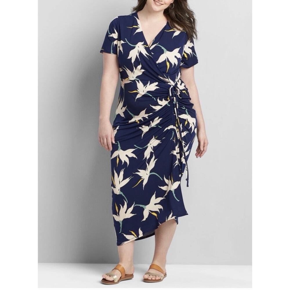 NWT LANE BRYANT WOMEN'S NAVY BLUE FLORAL WRAP MAXI DRESS PLUS Sz 14 16 XXL
